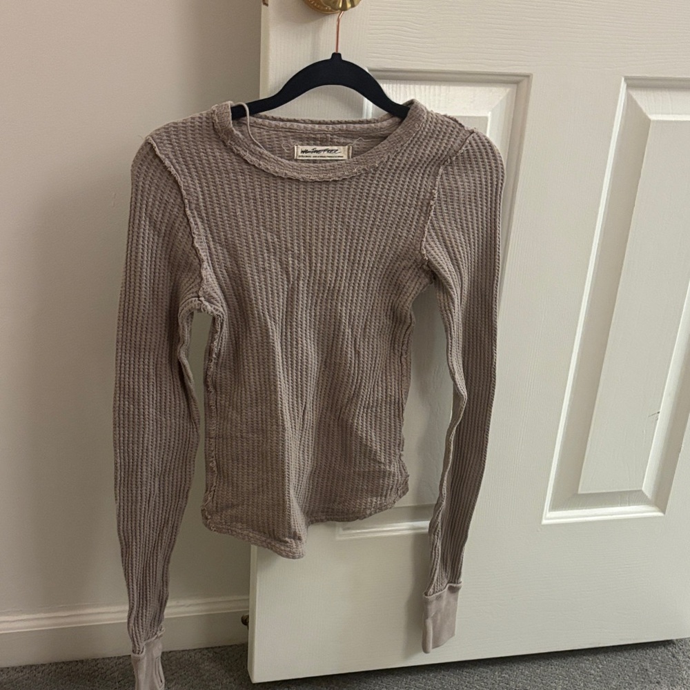 Free People Taupe Ribbed Long Sleeve Top